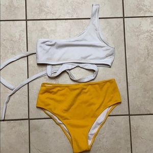 wrap around top and high waisted bottoms